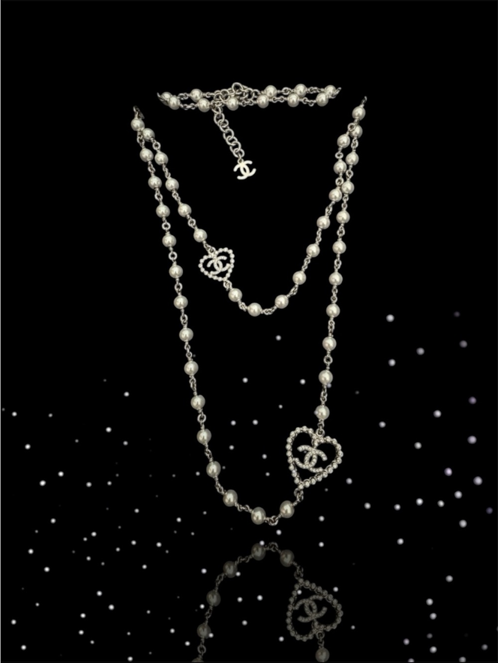 🆕💗CHANEL Long Necklace Faux Pearl Strass Crystals Crochet Heart CCs • NWTB